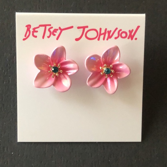 Betsey Johnson Pink Enamel Tropical Flower Stud Earrings Crystal Accent NWT - Picture 5 of 11